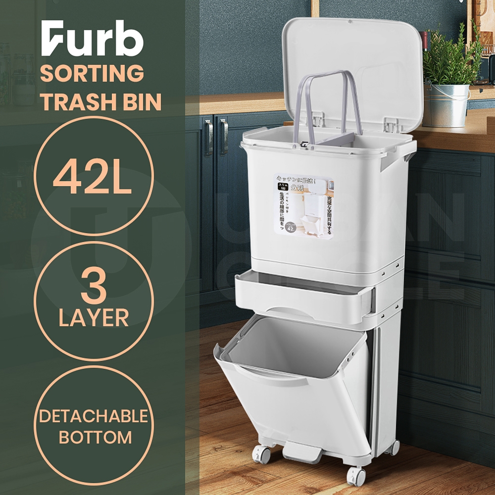 Furb New 42L Kitchen Bin Waste Sorting Trash Bins Lid Garbage Recycling   DUO BIN B 42L WH 