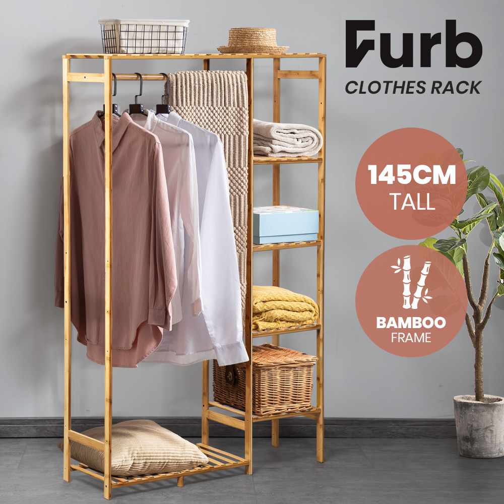 Furb Bamboo Clothes Rack Garment Coat Hanging Rail Stand Closet Storage ...