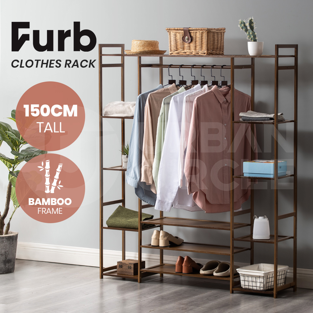 Furb Bamboo Clothes Rack Garment Coat Hanging Rail Stand Closet Storage ...