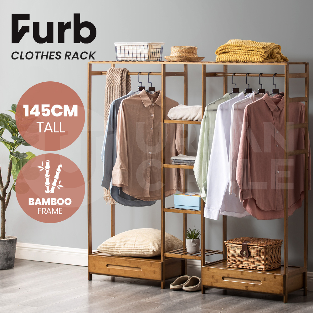 Furb Bamboo Clothes Rack Garment Coat Hanging Rail Stand Closet Storage ...