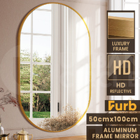 Furb Oval Wall Mirror Pill Shape Vanity Mirror Aluminum Frame Gold