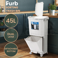 Furb New 45L Kitchen Bin Waste Sorting Trash Bins 3 Lid Garbage Recycling Wheels