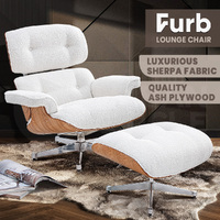 Furb Executive Lounge Chair Sherpa Fabric Classic Armchair Ottoman White