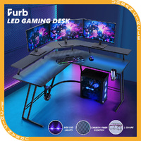 Furb L Shaped Corner Desk LED Round Computer Gaming Desk Workstation With Shelf