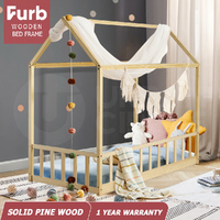 Furb Kids Bed Frame Wooden Solid Pine Wood Bed Base Security Rail Single Oak