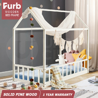 Furb Kids Bed Frame Wooden Solid Pine Wood Bed Base Security Rail Single White