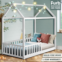 Furb Bed Frame Kids Wooden Solid Pine Wood Bed Base Security Rail Single White