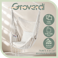 Groverdi Hammock Chair Hanging Rope Swing Seat 2Pillow Side Pocket Outdoor Cream