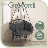 Groverdi Hammock Hanging Swinging Chair with Cushion Patio Outdoor Indoor Grey