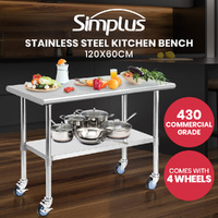 Simplus 120x60CM Stainless Steel Kitchen Bench 430 Work Food Prep Table Wheels