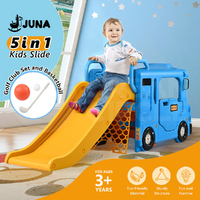 Juna Kids Slide, Toddlers Slide w/ Bus Playhouse, Basketball & Baseball Play Set