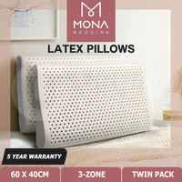 Mona Bedding 2x Natural Latex Pillows 3-Zone Pillow Cover Set Washable 60x40cm L