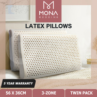 Mona Bedding 2x Natural Latex Pillows 3-Zone Pillow Cover Set Washable 56x36cm M