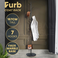 Furb Coat Rack Steel Clothes Stand Tree Hanger Garment 7 Hooks Marble Base Black