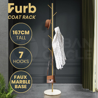 Furb Coat Rack Steel Clothes Stand Tree Hanger Hat Garment Hook Marble Base Gold