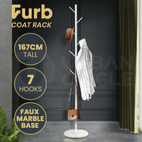 Furb Coat Rack Steel Clothes Stand Tree Hanger Garment 7 Hooks Marble Base White