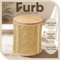 Furb Rattan Bedside Table Round Coffee Side End Tables Sofa Desk w/Storage, OAK