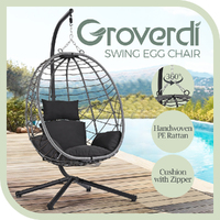 Groverdi Outdoor Hanging Egg Chair with Stand Patio Rattan Egg Swing Chair Grey