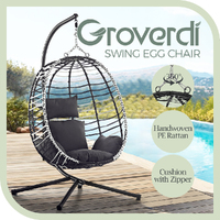 Groverdi Outdoor Hanging Egg Chair with Stand Patio Rattan Egg Swing Chair Black