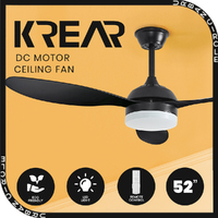 Krear 52" Ceiling Fan With Light ABS Blade Fans DC Motor Remote Control Black