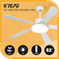 Krear 52" Ceiling Fan With Light 5 Wooden Blades Fans Remote Control DC Motor