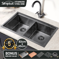 Simplus Kitchen Sink Stainless Steel 82X45CM Double Bowl with Drying Rack Black